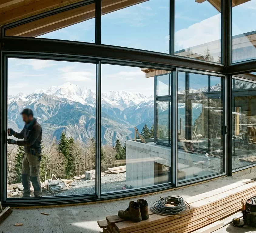 Installation de fenêtres modernes et lumineuses avec vue sur les montagnes